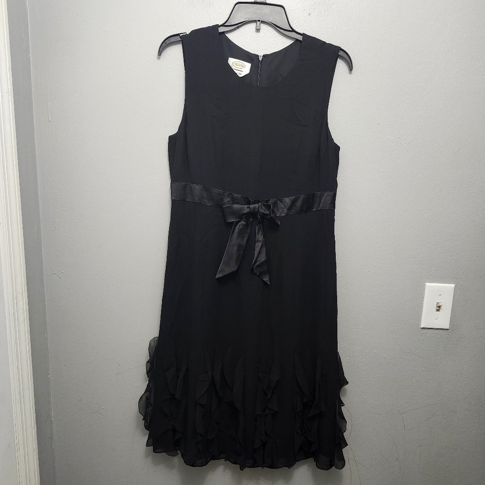 Talbots women's pure silk black dress size 10 ruffles waist bow